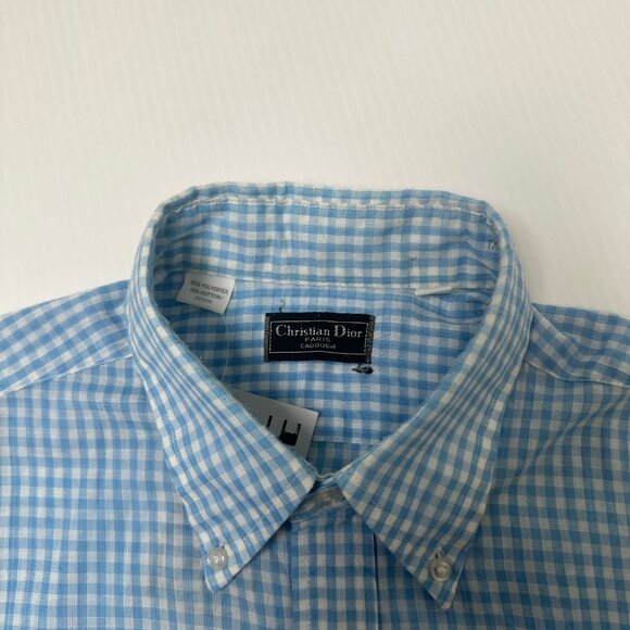 Vintage Christian Dior Gingham Plaid Short Sleeve Button Up Shirt L - Picture 2 of 3
